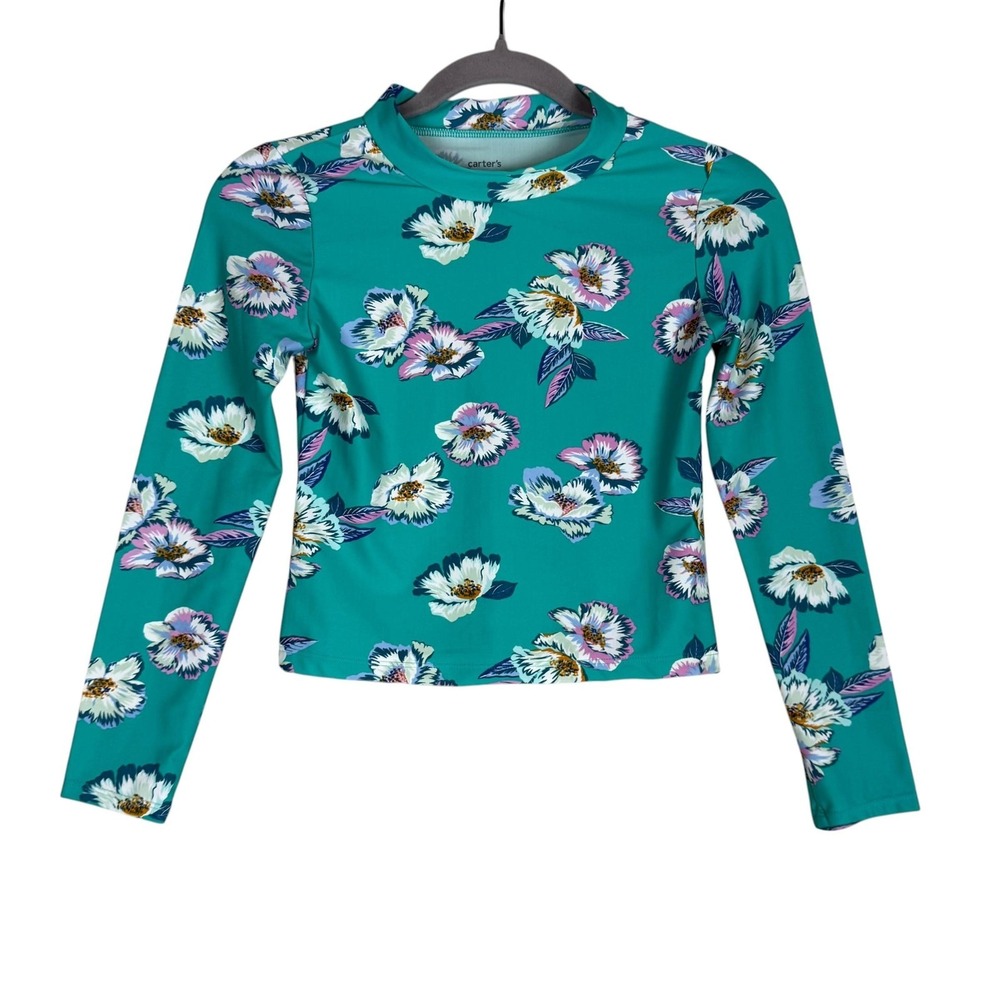 Carter's Rash Guard Kids 12‎ Green Floral Long Sleeve Swim Shirt UPF 50+
